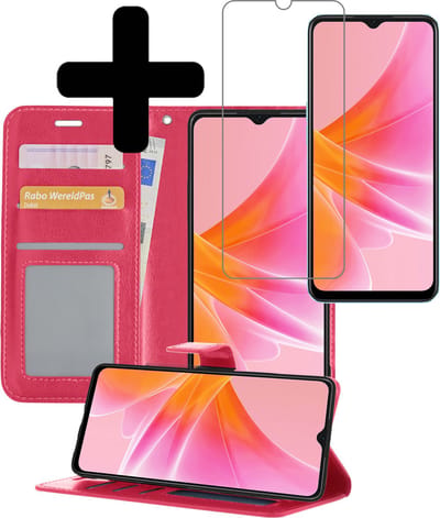 Hoesje - Met Screenprotector - Geschikt voor OPPO A17 - Luxe Pasjeshouder - Bookcase Portemonee - Flip Case - Kunstleer Book Case - Flipcase - Book Cover - Walletcase - Portemonneehoes - Telefoonhoesjes - Donkerroze