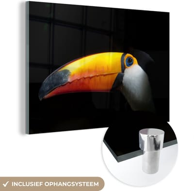 MuchoWow® Glasschilderij 60x40 cm - Schilderij acrylglas - Toekan - Vogel - Snavel - Foto op glas - Schilderijen