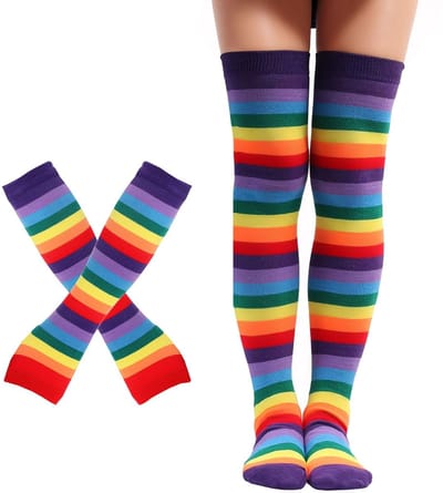 Dailygoody - Kniekousen - Regenboogstrepen - Vingerloze handschoenen - Katoen en polyester - Carnavalskostuum - Perfect voor feestdagen - Meerkleurig
