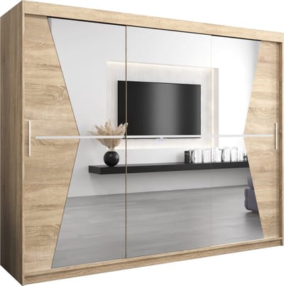 InspireMe - Kledingkast met 3 schuifdeuren, Modern-stijl, Een kledingkast met planken en een spiegel (BxHxD): 250x200x62 - TOTO 250 Sonoma Eik