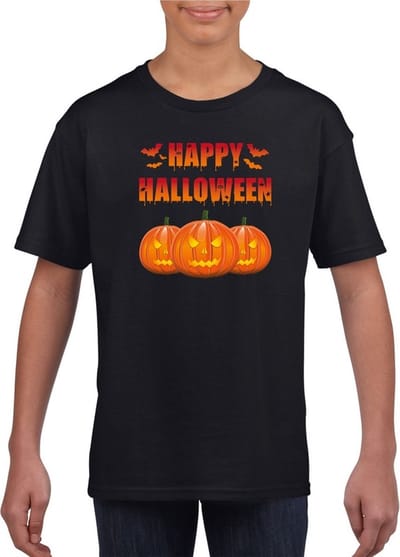 Happy Halloween t-shirt zwart jongens en meisjes - Halloween kostuum kind 122/128