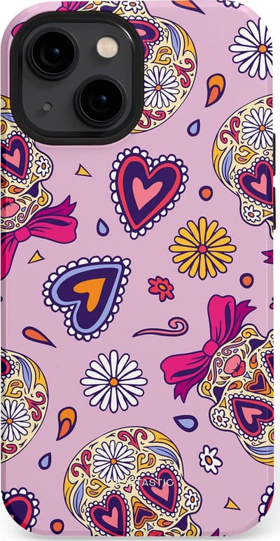 Casetastic hoesje geschikt voor Apple iPhone 13 mini - MagSafe - Dubbellaagse bescherming - Dia de los Muertos Doodshoofd Strik - Fashion Case - Lichtroze Lila Taupe Zilver