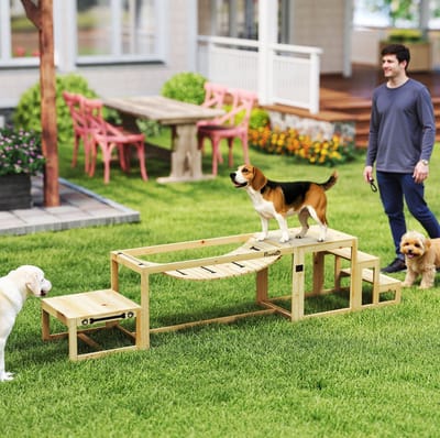 MEUNIQ honden agility set met brug, platform en trap, balans- en looptraining voor middelgrote en grote honden tot 40 kg, hout, naturel
