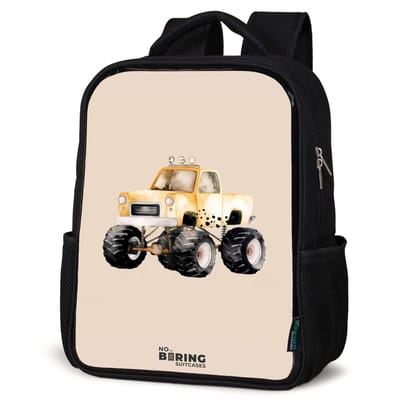 NoBoringSuitcases.com® - Rugzak zwart - Schooltas jongen & meisje - Gele monstertruck op een beige achtergrond - Rugtas voor school - Boekentas kind - Schoolrugzak - Kinderrugzak