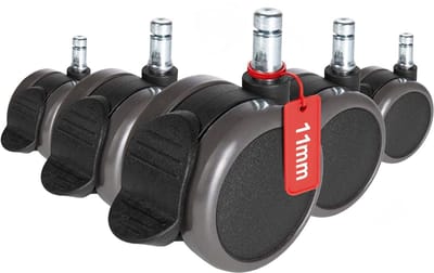 5x Zachte Vloer Zwenkwielen voor Bureaustoel 11mm x 65mm met Rem - Geschikt voor Harde Vloeren