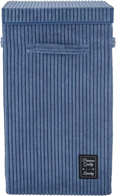 WENKO Laundry bag Cora Grey, modern laundry basket made of soft corduroy, with Velcro lid and 3 handles, capacity 63 litres, 33 x 58 x 33 cm, 100% polyester