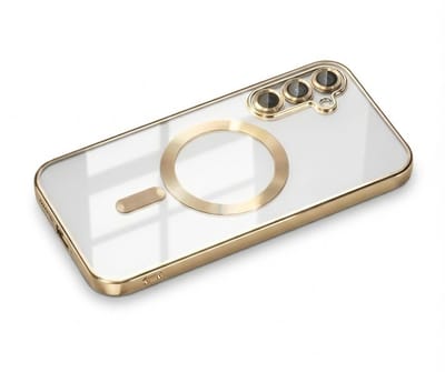 Transparant goudkleurig telefoon hoesje met metallic randen – geschikt voor Samsung A26 MagSafe – luxe backcover met MagSafe ring en camera bescherming