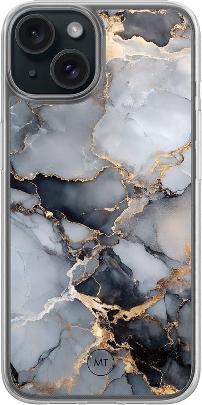 Hybride hoesje geschikt voor iPhone 13 - Marble mist - Extra bescherming - Luxe beschermhoes - TPU case - Transparant, Grijs, Goud - Mooie Telefoonhoesjes