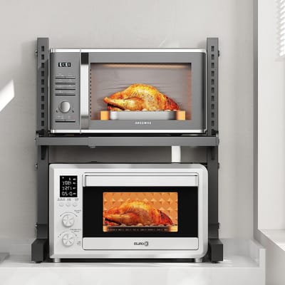 Verstelbare en uittrekbare ovenrek voor keuken met 3 haakjes, carbon staal, ideaal voor magnetron en bakoven, ruimtebesparend en multifunctioneel