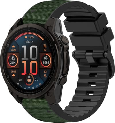 Stravo Siliconen-Nylon Hybride Horlogeband – Geschikt voor Garmin Fenix 5x (Plus) Fenix 6x (Pro) Fenix 7x (Pro-Sapphire-Solar) Garmin Fenix 8 - 51mm Enduro 1-2-3 - Quickfit 26 / 26mm band voor Garmin smartwatches - Bandje - Groen
