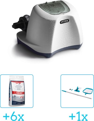 Intex QS1200 zoutwwatersysteem - Zwembaden tot 56.800 liter inclusief Zwembadzout 15 kg. (6 stuks) & Intex Onderhoudsset met telescoopsteel - 2-delig - 28002 (1 stuks)