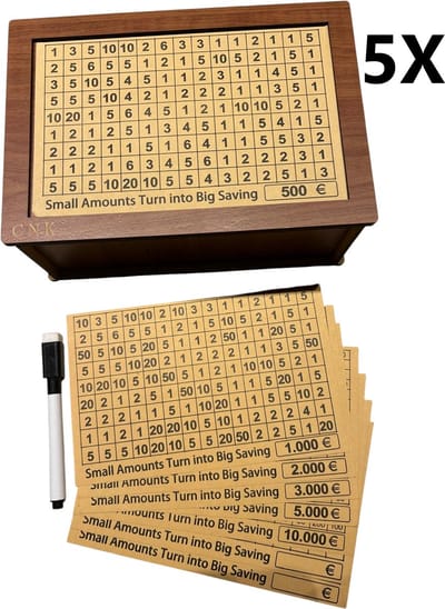 5X CNK- Houten Spaarpot met Aftelmethode – Spaardoos voor Volwassenen – Motiverende Money Box voor Spaardoelen (€500-€10.000) – Stimuleert Spaargewoonte - €500 - €1000 - €2000 - €3000 - €5000 - €10000