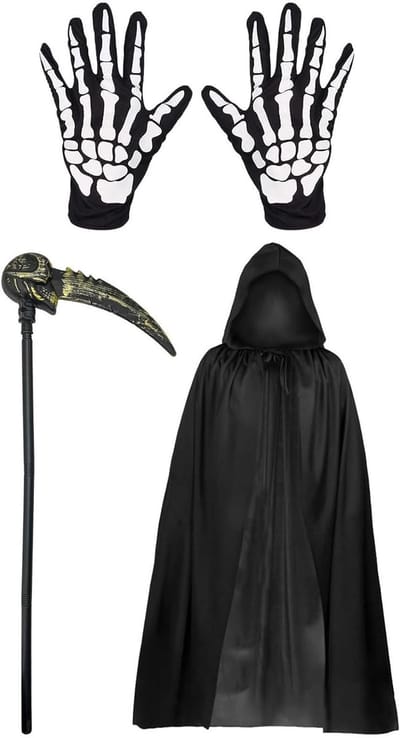Doden Kostuum Volledige Set met Hoed, Handschoenen en Zeis - Ideaal voor Halloween Feest - Maat L, Spookachtig, Griezelig, Themaparty