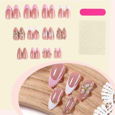 Bloemen Acryl 24 stuks Medium Amandelvormige Press-On Nagels, Frans Wit 3D Nepnagels Met Metaal & Gouden Kralen Decoratie, Voor Meisjes Vrouwen Dagelijks Gebruik