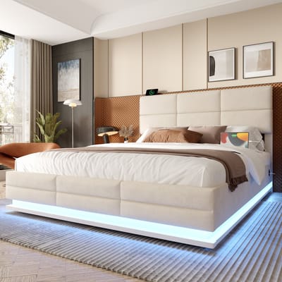 MODENUIT Fluwelen Bed 160x200 cm – Hoofdbord Verstelbaar in 3 Hoogtes – Led en Usb – Opbergruimte – Zonder matras – Beige
