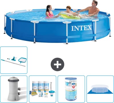 Intex Rond Frame Zwembad - 366 x 76 cm - Blauw - Inclusief Pomp - Onderhoudspakket - Filter - Grondzeil - Schoonmaakset - Solar Mat - 7-delig
