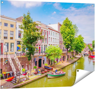 Gards Tuinposter Huisjes aan de Oudegracht in Utrecht - 100x80 cm - Tuindoek - Tuindecoratie - Wanddecoratie buiten - Tuinschilderij
