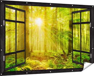 Gards Tuinposter Doorkijk Groen Bos met Schijnende Zonnestralen - 180x120 cm - Tuindoek - Tuindecoratie - Wanddecoratie buiten - Tuinschilderij