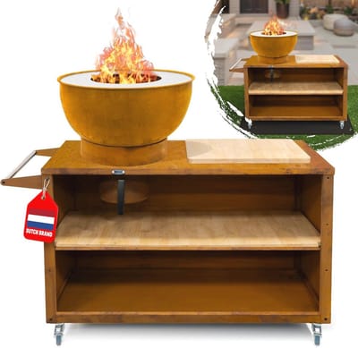 Compacte Buitenkeuken met Grill en Plancha op Wielen - Mobiele Barbecue met Ruimte voor Brandhout