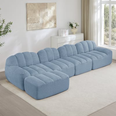 MODENUIT Hoekbank 4-Zits - Modulair Met Aanbouwpoef En Diepe Zitting - Voor Woonkamer En Appartement - Fleece Blauw