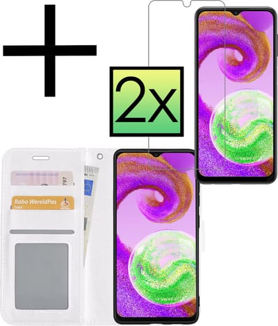 Hoesje - Met 2x Screenprotector - Geschikt voor Samsung Galaxy A04s - Luxe Pasjeshouder - Bookcase Portemonee - Flip Case - Kunstleer Book Case - Flipcase Hoes - Book Cover - Walletcase - Portemonneehoes - Wit