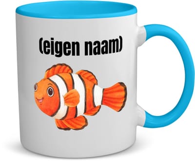 Akyol - oranje vis (nemo) met eigen naam koffiemok - theemok - blauw - Vis - vissen liefhebbers - iemand die houdt van vissen - verjaardag - cadeau - kado - 350 ML inhoud
