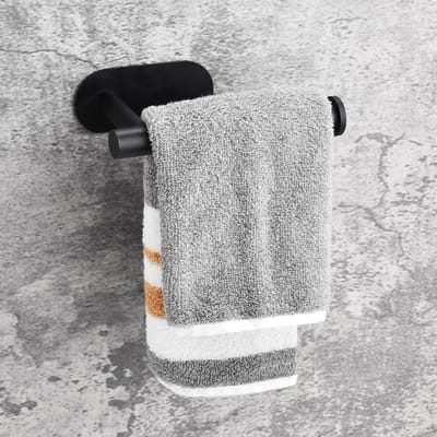 Famanu – Tea towel holder with adhesive strip, black stainless steel, no drilling, towel holder kitchen (16 cm)
