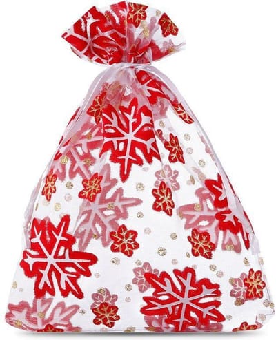 Organza Zakken Kerstdecoratie Kerstversiering Kerstcadeau Verpakking | Wit met rode sterren | 8 x 10 cm | 10 stuk | Cadeauzakjes Geschenkzakjes Snoepzakjes Zakjes