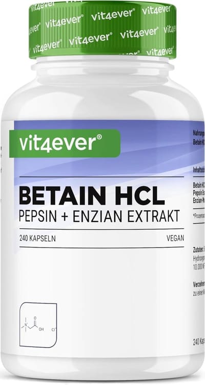 Betaïne HCL - 240 capsules met 695mg - Premium: Met pepsine & bittergentiaan - Volledig spectrum spijsverteringsenzymen - Hoge dosis - Veganistisch - Vit4ever