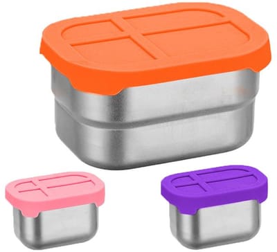 KZQ roestvrijstalen lunchbox - met siliconen deksel, lekvrij en geschikt voor de magnetron - geschikt voor scholen, kinderdagverblijven en thuisgebruik - 3-delige set