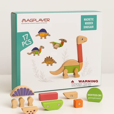 Montessori Magnetisch Bouwspeelgoed – Houten Dinosaurus Set 17 Delig – Educatief Speelgoed 3-6 Jaar – Creatief & Motoriek Ontwikkeling