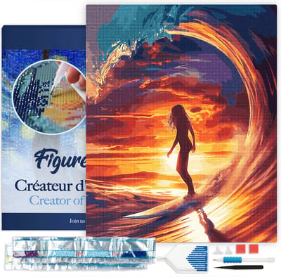 Figured'Art Diamond Painting set Volwassenen 40x50 cm met lijst Surfer meisje en de grote golf - 5D DIY Art full drill vierkante diamant - Canvas al ingelijst