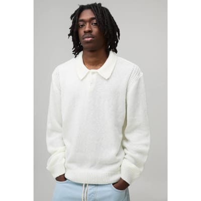 Regular Fit Fluffy Button Knitted Long Sleeve Polo T-Shirt | Ecru | Size Small