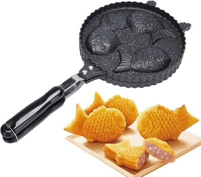 Visvormige Wafelmaker - Wafelijzer Pan - Ontbijt Snacks - Antiaanbaklaag Lange Steel - 41x20cm - Zwart
