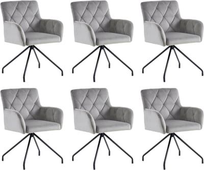 Merax Eetkamerstoelen Set van 6 – Fluweel Lichtgrijs met Armleuningen en Rautepatroon – Comfortabele Gestoffeerde Stoelen met Metalen Poten – Modern Design voor Eetkamer of Bureau