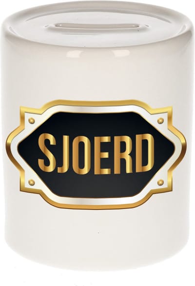 Spaarpot met voornaam Sjoerd - wit - met goud/zwart embleem - 8 x 9 cm - keramiek - met afsluitdop - cadeau verjaardag