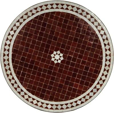 Mozaïektafel Rond - Tuintafel Decoratief - Buiten Zitten - Handgemaakt Kunstwerk - Ø 60cm Hoogte 73cm - Bordeaux Wit