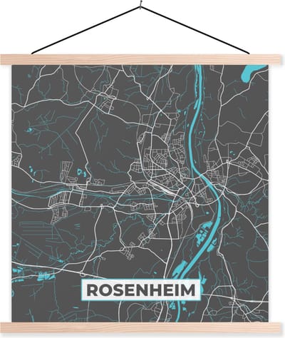 Posterhanger incl. Poster 40x40 cm - Schoolplaat - Plattegrond – Rosenheim – Blauw – Stadskaart – Kaart - Duitsland - Textielposter - Blanke latten - Stadskaart