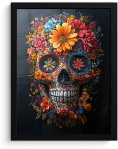 Poster in lijst - Fotolijst 30x40 cm - Posters - Bloemen - Kleurrijk - Schedel - Posterlijst zwart - Decoratie - Wanddecoratie woonkamer - Muurdecoratie slaapkamer