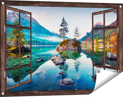 Gards Tuinposter Doorkijk Meer in de Bergen tijdens de Herfst - 90x60 cm - Tuindoek - Tuindecoratie - Wanddecoratie buiten - Tuinschilderij