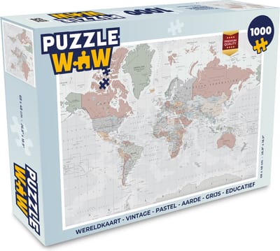 Puzzel Wereldkaart - Vintage - Pastel - Aarde - Grijs - Educatief - Legpuzzel - Puzzel 1000 stukjes volwassenen
