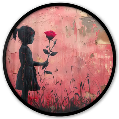 Poster in lijst Rond - Fotolijst 40x40 cm - Posters - Graffiti - Meisje - Roze - Street art - Roos - Ronde posterlijst zwart - Decoratie - Wanddecoratie woonkamer - Muurdecoratie slaapkamer