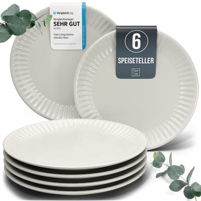 Pure Living Hygge Dinerborden - Beige - 6 Stuks (Ø 26 cm) - Krasbestendig Aardewerk - Magnetron & Vaatwasserbestendig - Met Ribbelstructuur