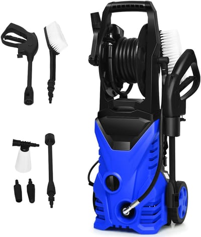 COSTWAY Hogedrukreiniger, 140 bar, 300 l/h draagbare hogedrukreiniger met Lotus-mondstuk en hogedruksproeier, langere draden en tuinslang, geschikt voor het reinigen van tuin, auto, huis (Blauw)