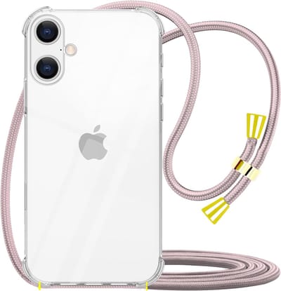 Hoesje met Koord geschikt voor iPhone 16 Transparant - Doorzichtig Roze Shockproof Koord hoesje geschikt voor iPhone 16 - Hoesje met touw - roze touw