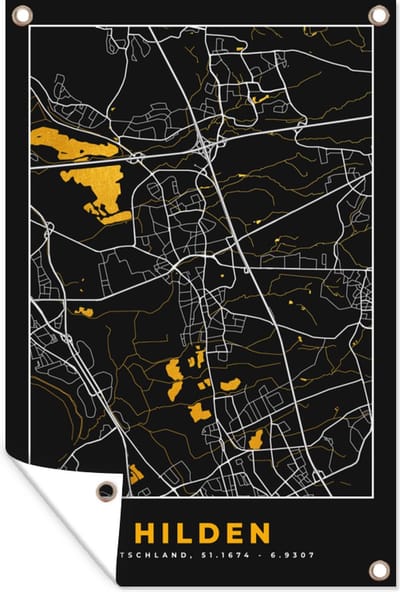 Muurdecoratie Duitsland – Black and Gold – Hilden – Stadskaart – Kaart – Plattegrond - 120x180 cm - Tuinposter - Tuindoek