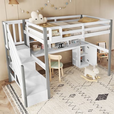 Hoogslapers met Bureau - Kinderbed met Boekenplank en Opbergladder - 90x200 cm - Wit/Naturel - EN747 Gecertificeerd - Met Stoffen Opbergboxen