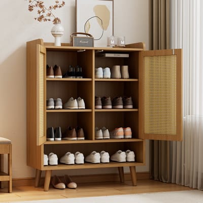 Schoenenkast - Rotan & licht eiken met dubbele deuren & 5 planken - 80x35x105 cm