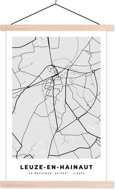 Posterhanger incl. Poster 40x60 cm - Schoolplaat - Plattegrond – Leuze en Hainaut – Zwart Wit – Stadskaart - Kaart - Textielposter - Blanke latten - Stadskaart