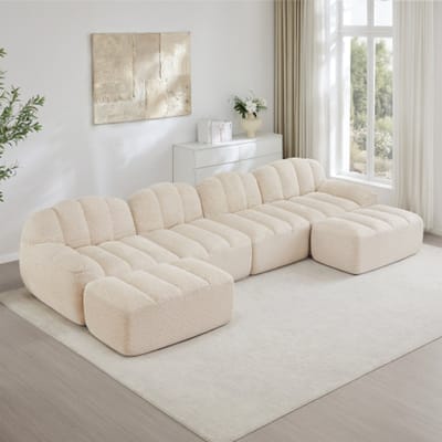 Modulaire 4-zitsbank - inclusief 2 voetenbankjes - 32D-schuim met hoge dichtheid, zonder frame - geschikt voor de woonkamer en appartementen - antislipontwerp - zachte bekleding - beige